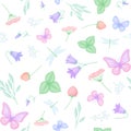 Pastel floral seamless pattern with flowers, butterflies and dragonflies. Vector illustration.