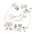 Pastel floral wreath decoration on gold foil frame, wedding card design. Vector habd-drawn botanical art with flowers? leaves and