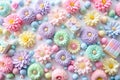 Pastel flowers and colorful beads on white background Royalty Free Stock Photo
