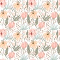 Pastel flowers and leaves seamless pattern. Hand drawn elegance boho style botanical background  soft colors  modern vector decor Royalty Free Stock Photo