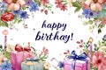a pastel frame with the text happy birthday made of a variety of flowers, candles, gift boxes with large bows in Royalty Free Stock Photo