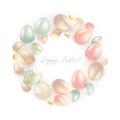 Pastel and gold Easter eggs vector design wreath. Sage, pink, peach and beige tones. Blush pink and mint green spring
