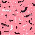 Pastel goth background with bats, lollipops, crosses and stars.