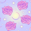 Pastel goth moon and roses seamless pattern