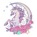 Pastel goth unicorn with crescent stars and roses greeting card