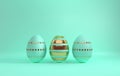 Pastel green and glossy golden easter eggs on green background. 3d render, digitally generated template. Happy Easter big hunt or