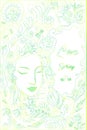 Pastel green yellow color outline,forest, girl fac, background leaves.Decorative card with place for text