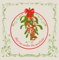 Pastel greeting retro card for winter holidays with bunch of mistletoe with berries and red bow and ribbons Royalty Free Stock Photo