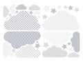 Pastel grey clouds & stars vector collection with polka dots for kids .Cloud computing decoration pack.Baby shower stickers set. Royalty Free Stock Photo