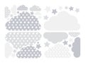 Pastel grey clouds and stars vector collection with stars for kids .Cloud computing decoration pack.Baby shower stickers set. Royalty Free Stock Photo