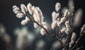 Pastel Grey Willow Branches with Blossoms and Bokeh Background for Spring Invitations.