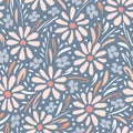 Pastel hand-painted daisies and foliage on grey background vector seamless pattern. Spring summer floral print Royalty Free Stock Photo