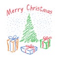 Crayon child`s drawing merry christmas funny gift and tree on white.