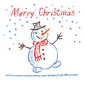 Crayon child`s drawing merry christmas funny snowman with lettering on white.