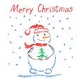 Crayon like child`s drawing merry christmas funny smiling snowman with lettering, christmas tree and falling snowflakes. Royalty Free Stock Photo