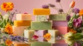Pastel Handmade Soaps with Flowers on Reflective Surface Royalty Free Stock Photo