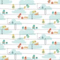 Pastel happy bird families on wires, seamless vector pattern