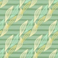 Pastel herbal seamless pattern with outline leaves. Green background with strips