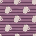 Pastel holiday winter chocolate cups with marshmallow seamless pattern. Purple striped background