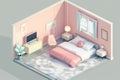 Pastel isometric bedroom. minimalist isometric view. By generative Ai Royalty Free Stock Photo