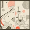 japanese traditional set with two vector cards. design with clouds and water lilies