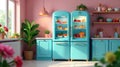 Pastel kitchen with twin retro refrigerators stocked with fresh fruit and pastries. Generative AI Royalty Free Stock Photo