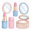 Pastel Knitted Makeup Set Watercolor Illustration Royalty Free Stock Photo