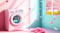 Pastel laundry room with pink washing machine and blossoming spring view Royalty Free Stock Photo