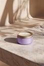 Pastel lavender round candle tin mockup on marble tabletop Royalty Free Stock Photo