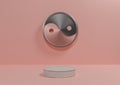 Pastel, light red, salmon pink 3D rendering product display background simple, minimal with metallic Yin and yang symbol podium or Royalty Free Stock Photo