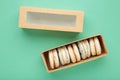 Pastel macaroons in box on mint background Royalty Free Stock Photo