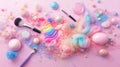 Pastel Makeup and Glitter - Cosmetic Brushes, Rainbow Swirl, Bunny Ears, Pink Background Royalty Free Stock Photo