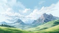 Pastel Mountain Painting On White Background With Green Lawn