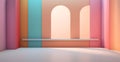 Pastel multi colour background wall with window natural shadow and long shelf, abstract geometric