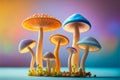 Pastel mushrooms flourish in an gradient background illustration. Trendy light orange, violet, blue colors mushrooms. Generative