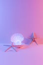 Pastel neon blue and pink light paint on seashell and pearl decorate with star fish