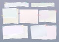 Pastel note, notebook paper pieces with torn edges stuck with colorful sticky tape on gray backgroud. Vector Royalty Free Stock Photo