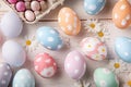 Pastel painted Easter eggs create delightful top view flat lay background