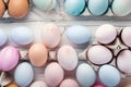 Pastel painted Easter eggs create delightful top view flat lay background