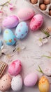 Pastel painted Easter eggs create delightful top view flat lay background