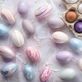 Pastel painted Easter eggs create delightful top view flat lay background