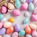 Pastel painted Easter eggs create delightful top view flat lay background