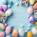 Pastel painted Easter eggs create delightful top view flat lay background