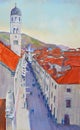 Pastel Painting of Dubrovnik street with bell and clock towers.