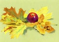 Pastel painting - red apple and autumn leaves Royalty Free Stock Photo