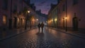 Pastel painting: A romantic, moonlit stroll along a cobblestone street, with a couple walking hand in hand, and the warm glow of