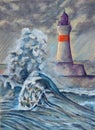 Pastel Painting of Stormy Sea with large Waves and Lighthouse.