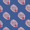 Pastel pale tones seamless pattern with pink butterfly fish silhouettes. Blue background. Hand drawn print