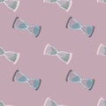 Pastel palette seamless clock pattern with white and blue hourglass silhouettes on pink background