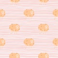 Pastel palette seamless pattern with doodle sheep silhouettes. Light orange fluffy animal ornament on stripped background